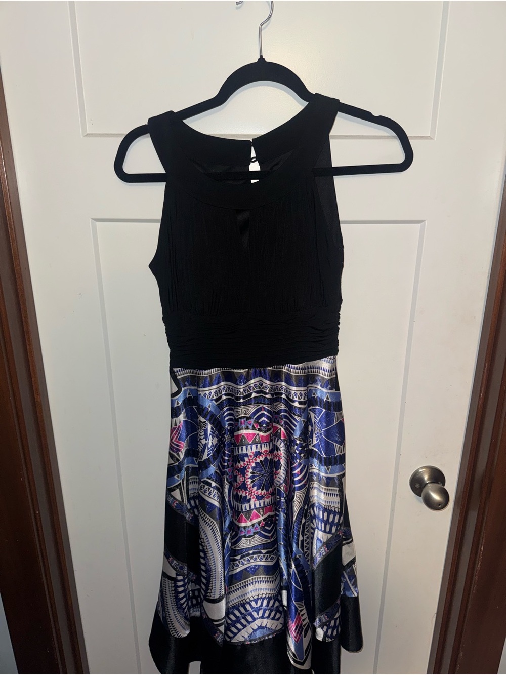 RN Studio Black Bodice Blue & Pink Printed Fit-and-Flare Dress